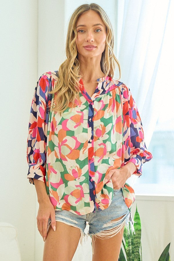 FLORAL PRINT BUTTON DOWN  SATIN SHIRT