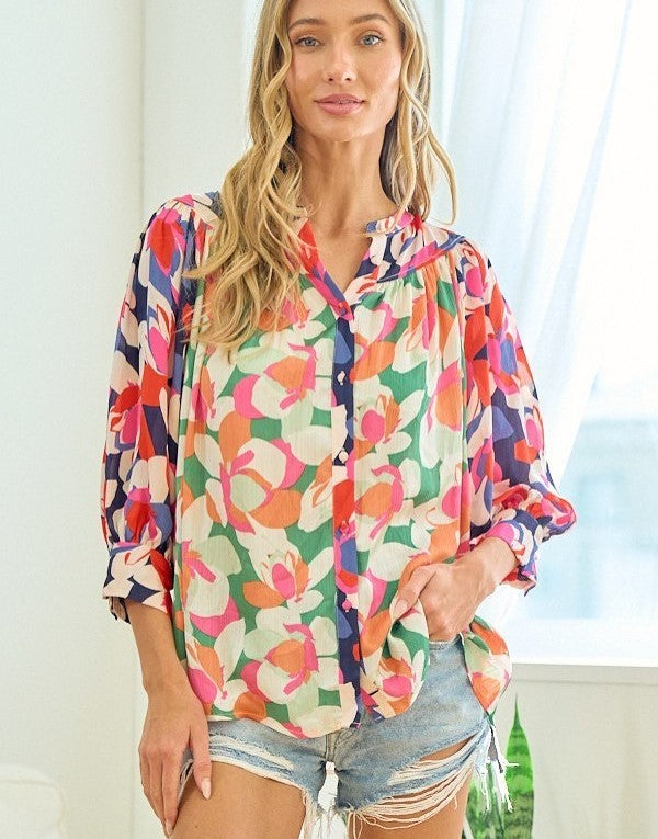 FLORAL PRINT BUTTON DOWN  SATIN SHIRT