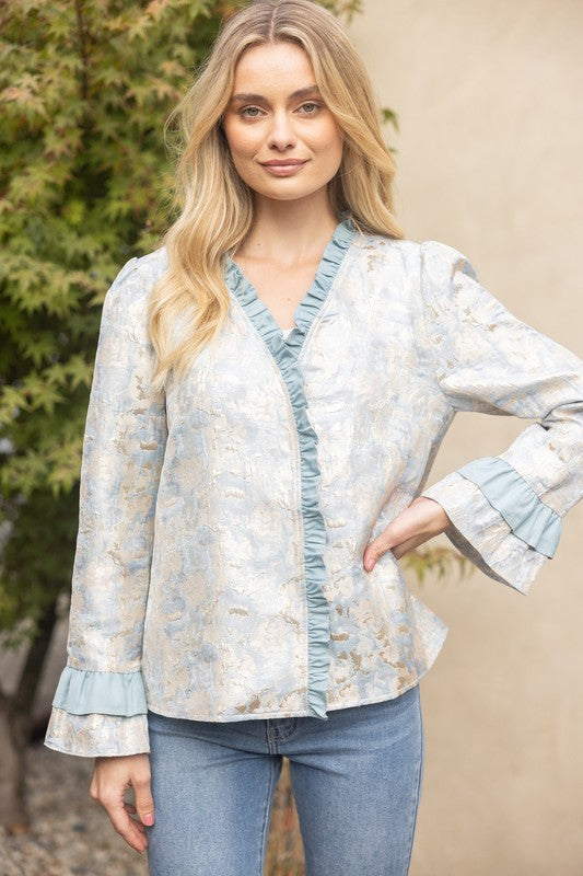 Ruffle Detailed Foil Jaquard Jacket Top