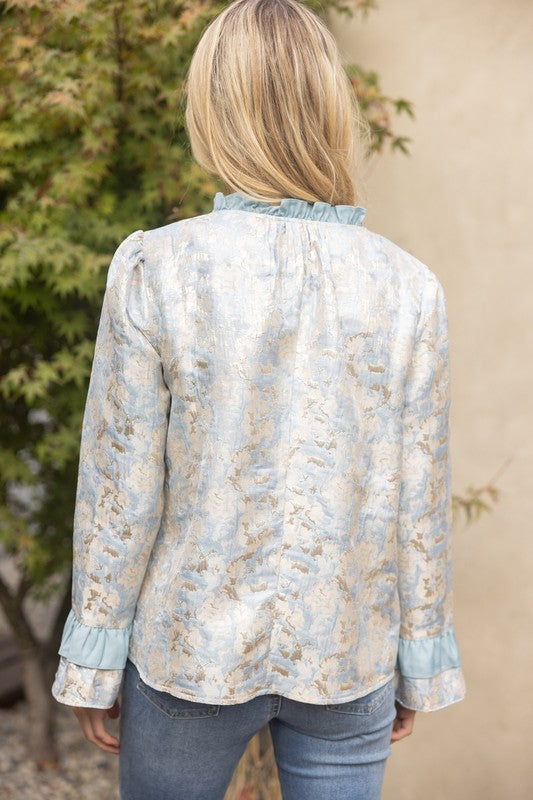 Ruffle Detailed Foil Jaquard Jacket Top