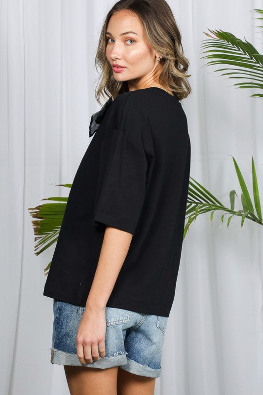 Drop Shoulder Bow Detail Top