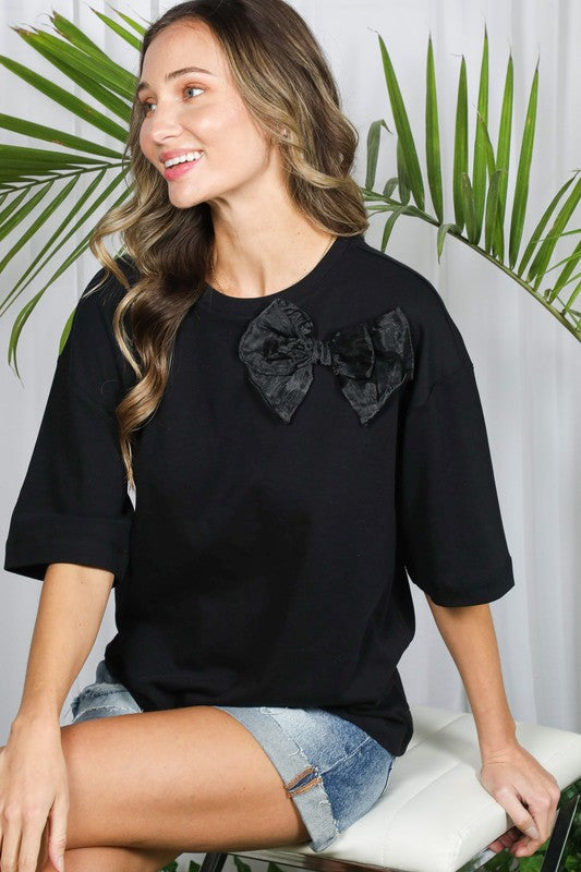 Drop Shoulder Bow Detail Top