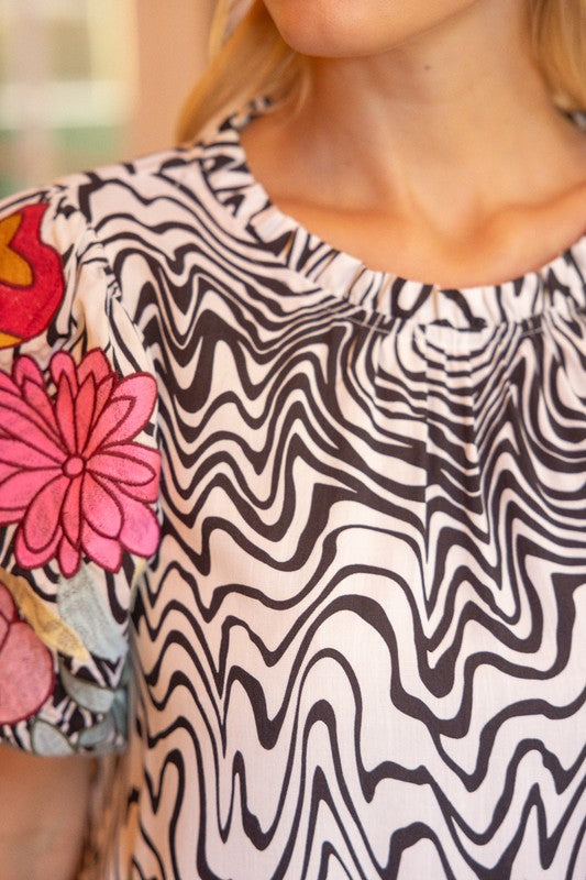 Floral Embroidered Puff Sleeve Printed Top