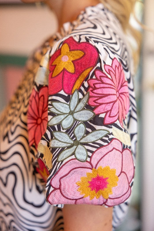 Floral Embroidered Puff Sleeve Printed Top