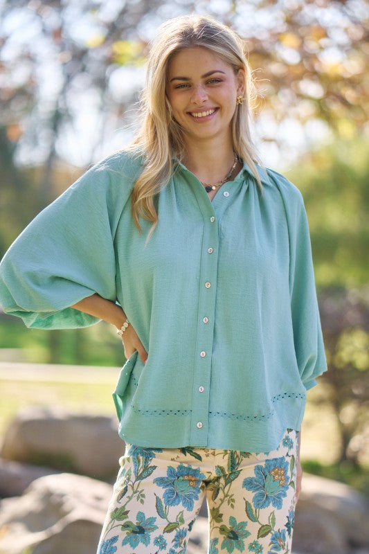 Balloon Sleeve Button Down Blouse