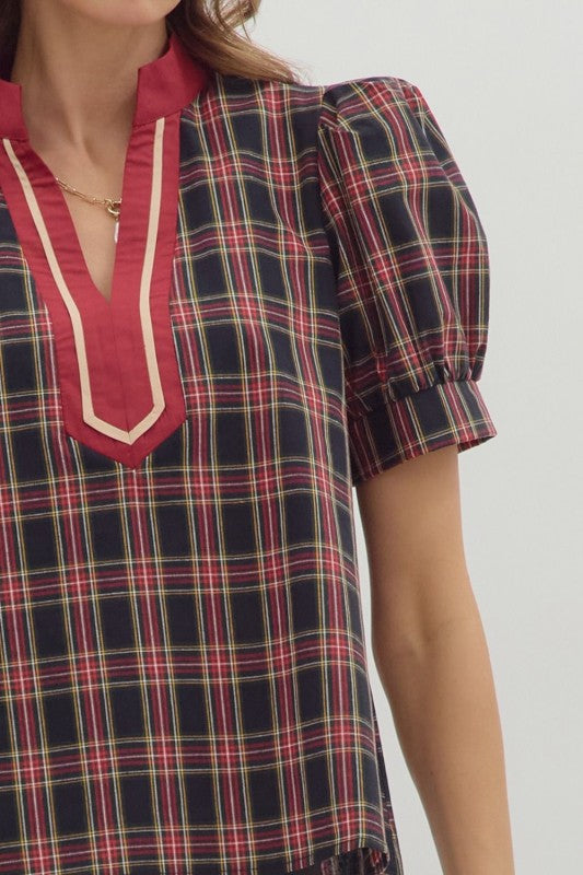 Plaid pattern cuff band short sleeve top