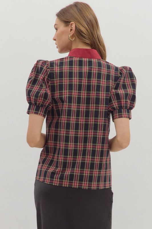 Plaid pattern cuff band short sleeve top