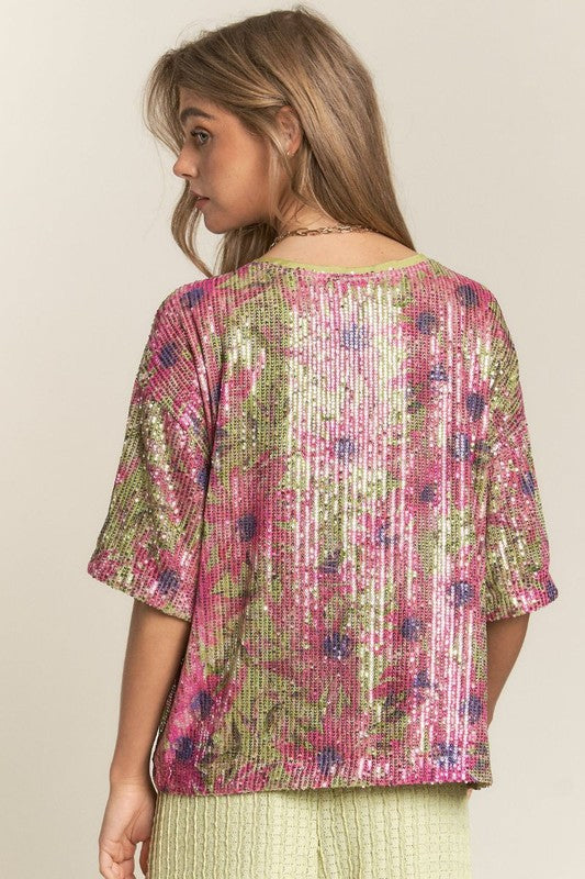 Casual Flower Print Sequins Top
