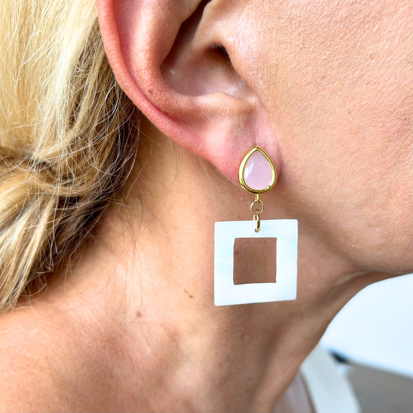 Gemstone Post with Square Shell Earrings