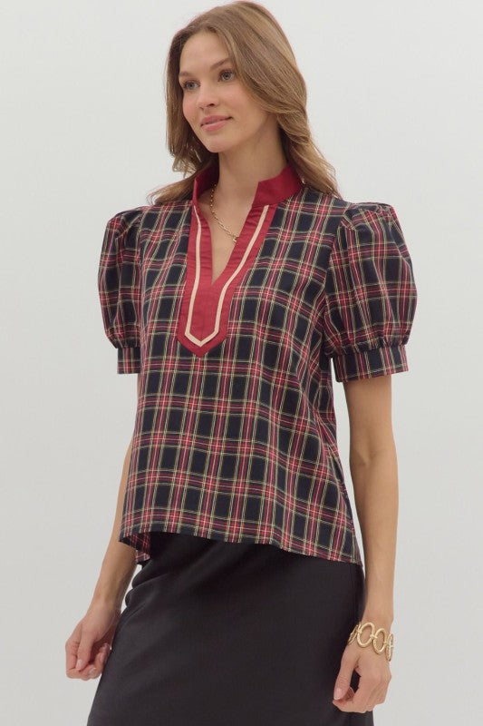Plaid pattern cuff band short sleeve top