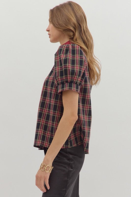 Plaid pattern cuff band short sleeve top
