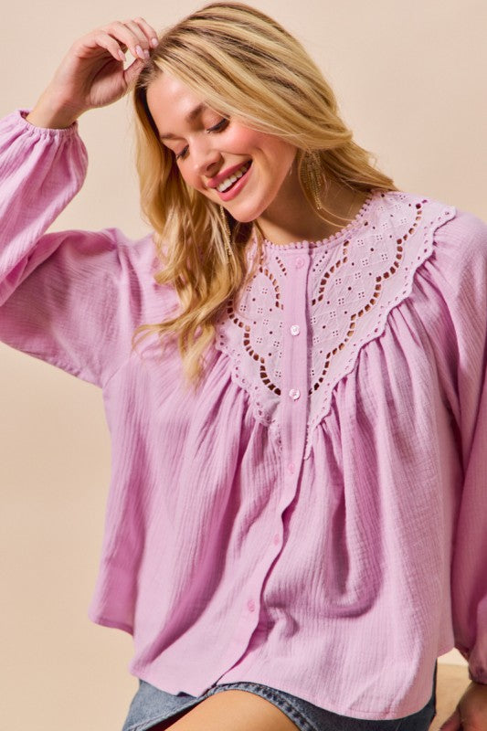 GAUZE LACE TRIM BLOUSE
