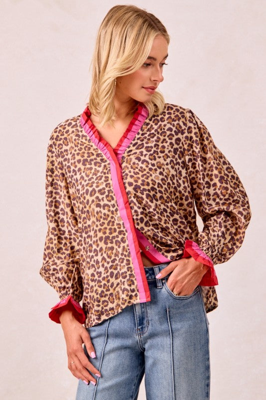 LEOPARD PRINTED TOP WITH STRIPE WAVY TRIM DETAIL