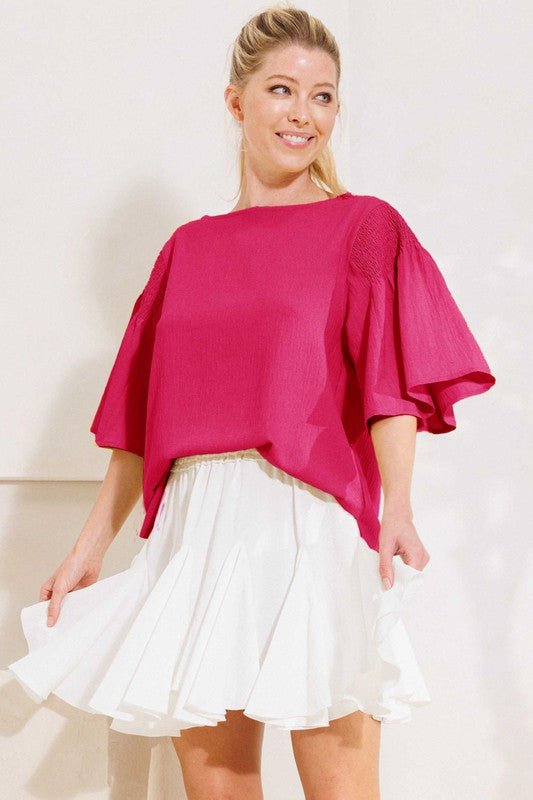 Textured  Wide 3/4 Sleeve  Blouse