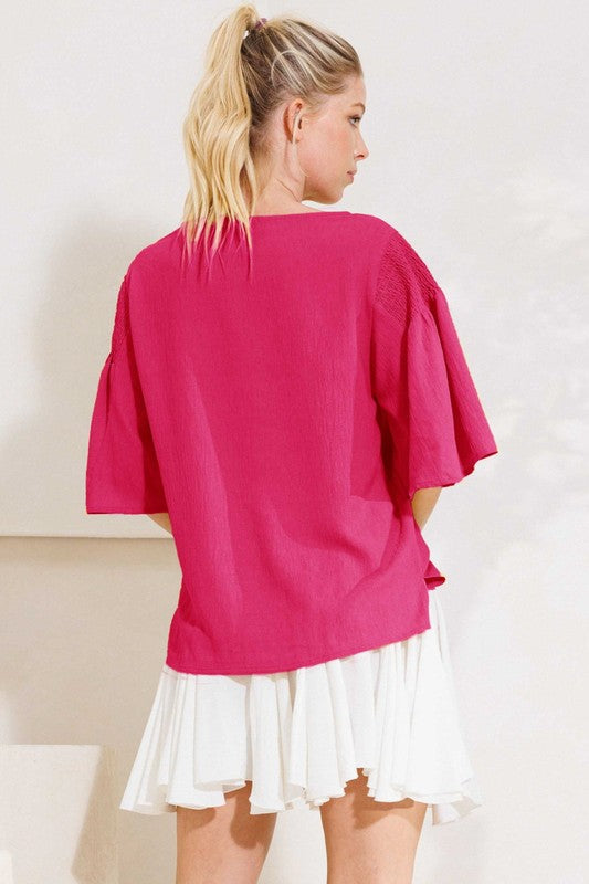 Textured  Wide 3/4 Sleeve  Blouse
