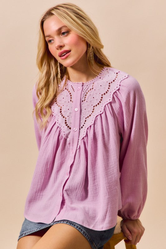 GAUZE LACE TRIM BLOUSE