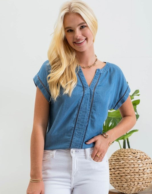 LADDER LACE TRIM CHAMBRAY TOP