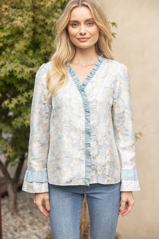 Ruffle Detailed Foil Jaquard Jacket Top