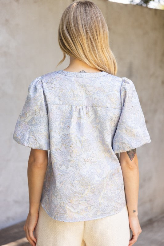 Metallic Jacqaurd Bubble Sleeve Top