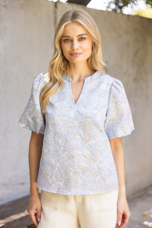 Metallic Jacqaurd Bubble Sleeve Top