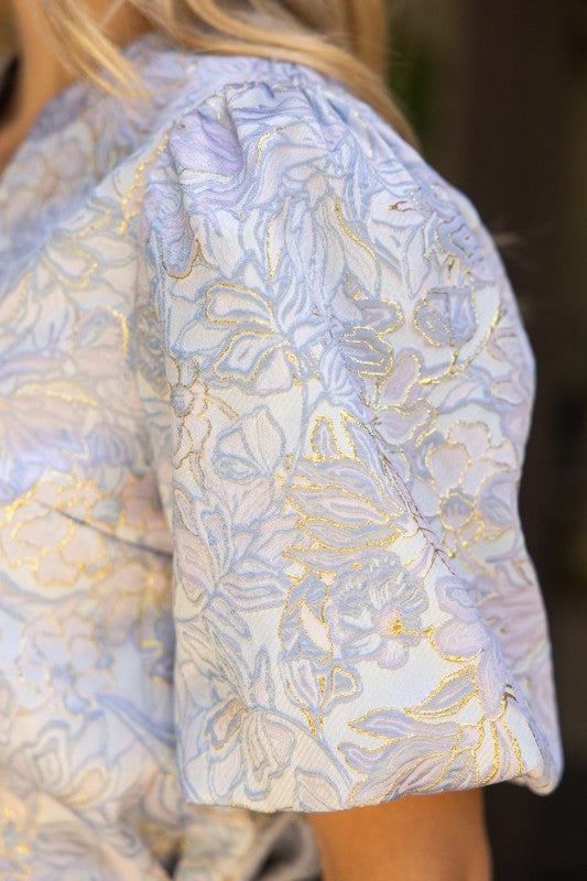 Metallic Jacqaurd Bubble Sleeve Top