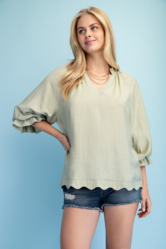 Scalloped Edged V-Neck Blouse