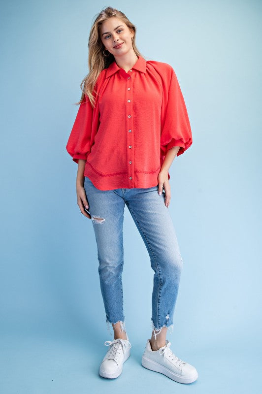 Balloon Sleeve Button Down Blouse