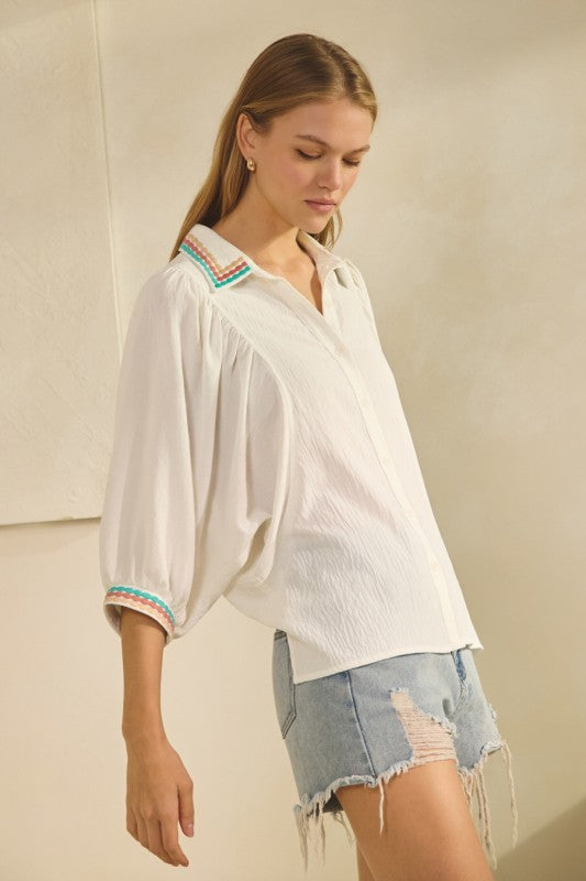 Embroidered collared  and cuffed blouse