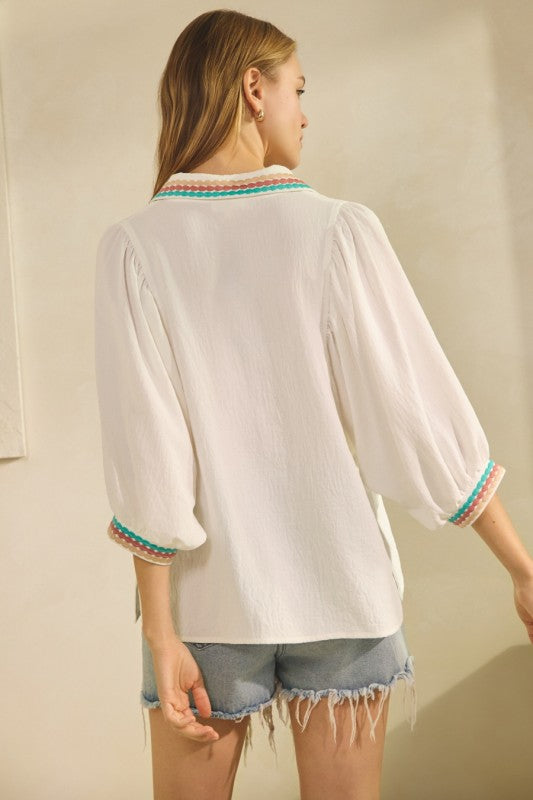 Embroidered collared  and cuffed blouse