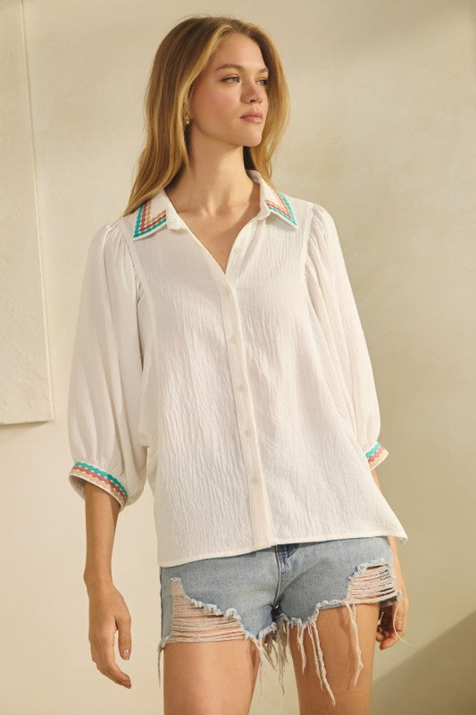 Embroidered collared  and cuffed blouse