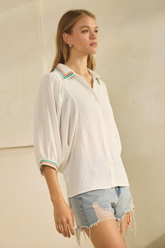Embroidered collared  and cuffed blouse
