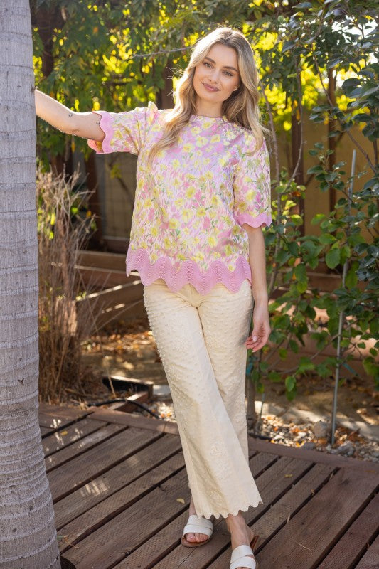 Wavy Trim Detailed Floral Top