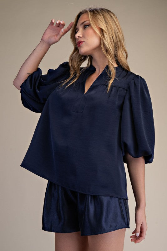 Bubble Sleeve V-neck Stand Collar Shirt