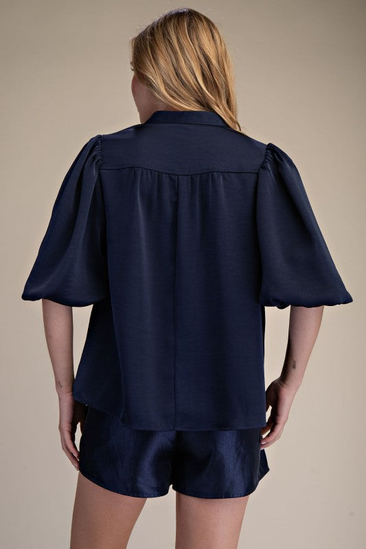 Bubble Sleeve V-neck Stand Collar Shirt