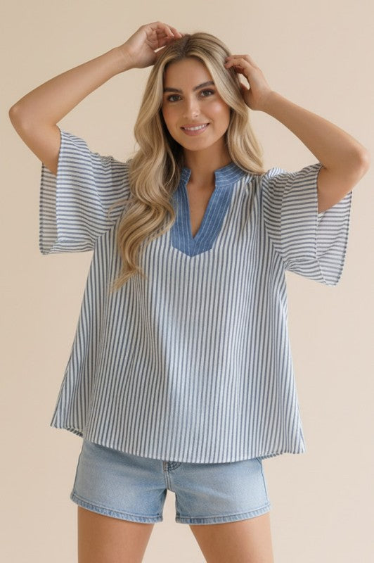 VERTICAL PIN STRIPE WOVEN BLOUSE