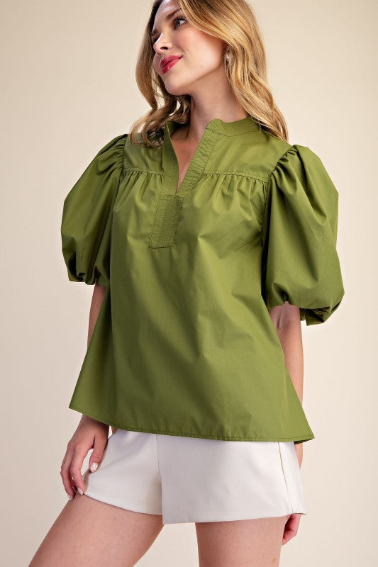 Bubble Sleeve V-neck Stand Collar Shirt