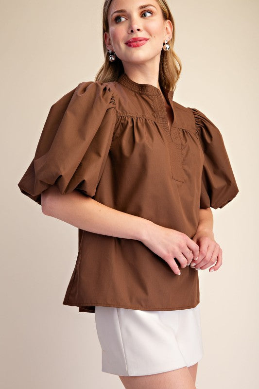 Bubble Sleeve V-neck Stand Collar Shirt
