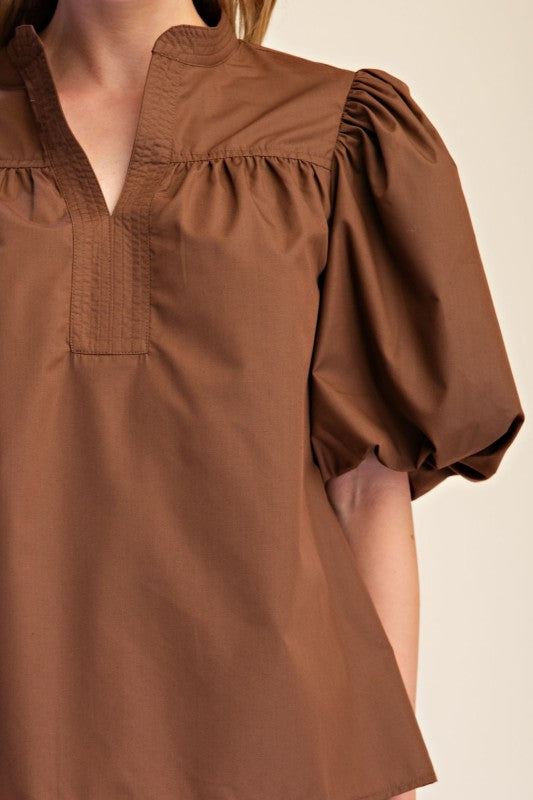 Bubble Sleeve V-neck Stand Collar Shirt