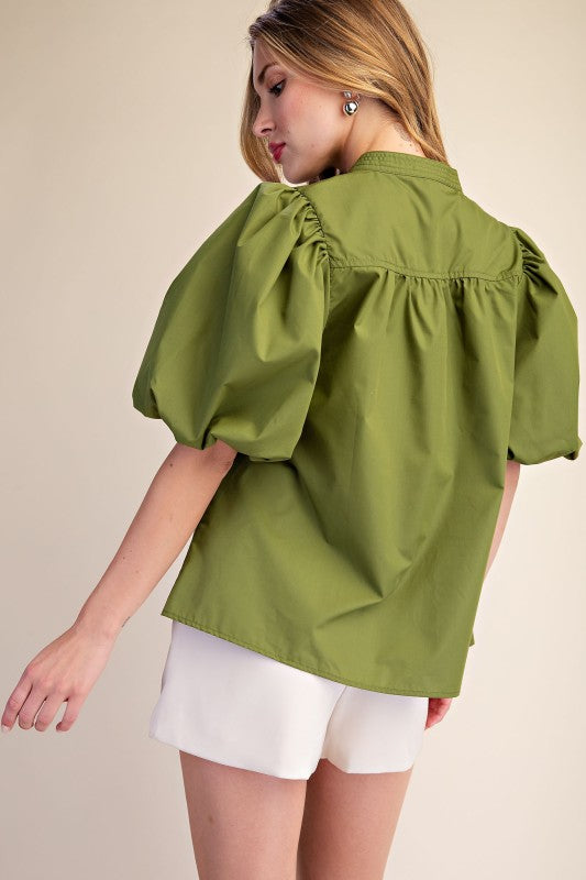 Bubble Sleeve V-neck Stand Collar Shirt