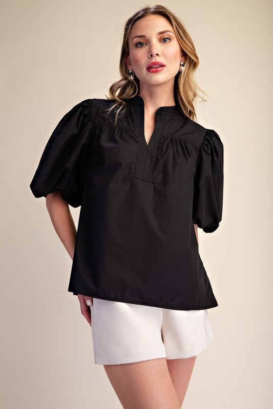 Bubble Sleeve V-neck Stand Collar Shirt