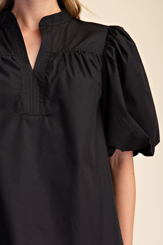 Bubble Sleeve V-neck Stand Collar Shirt