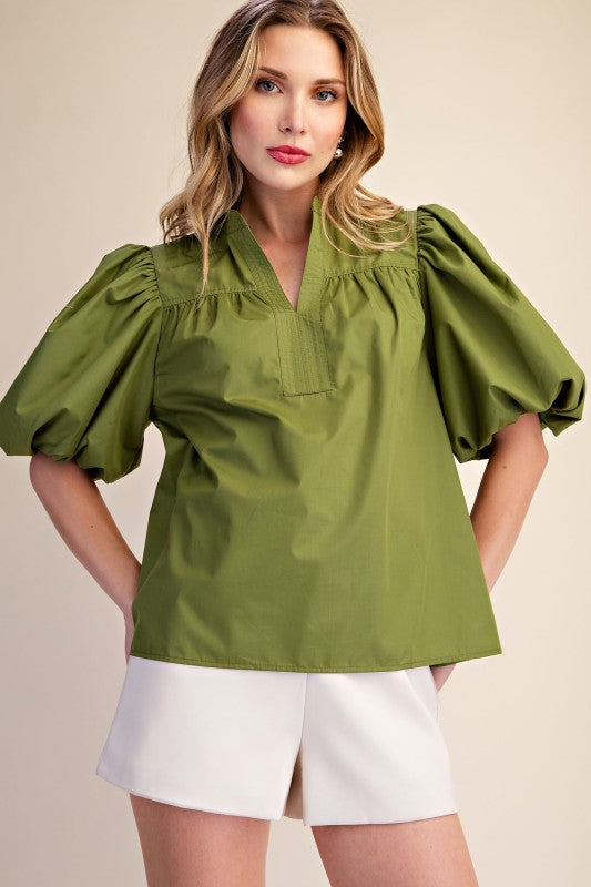 Bubble Sleeve V-neck Stand Collar Shirt