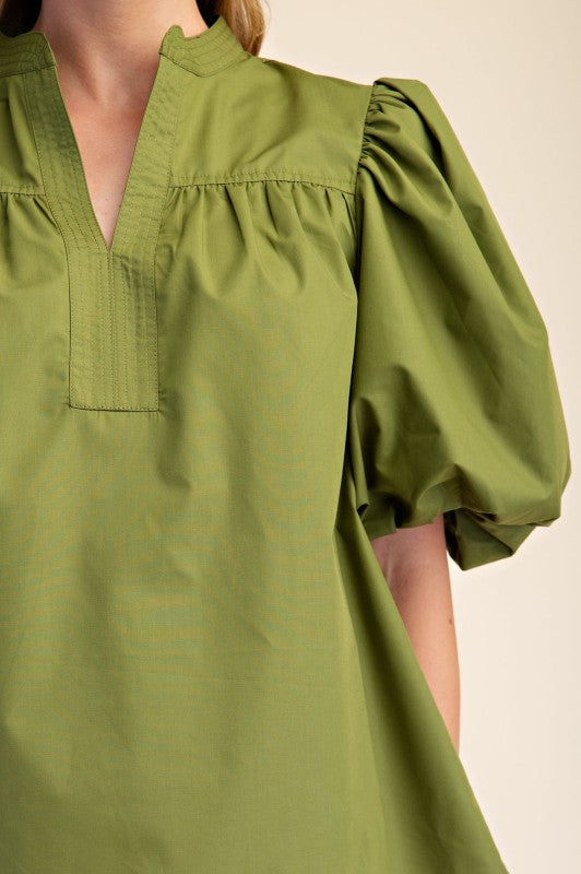 Bubble Sleeve V-neck Stand Collar Shirt