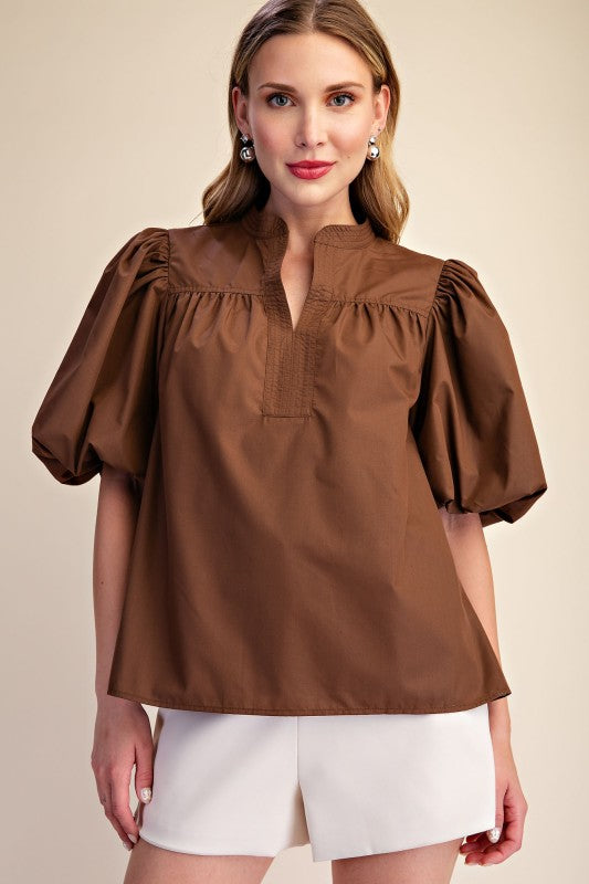 Bubble Sleeve V-neck Stand Collar Shirt