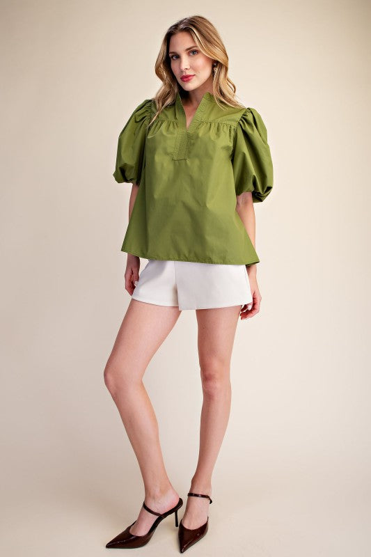 Bubble Sleeve V-neck Stand Collar Shirt