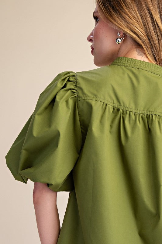 Bubble Sleeve V-neck Stand Collar Shirt