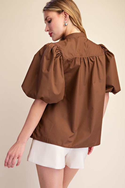 Bubble Sleeve V-neck Stand Collar Shirt