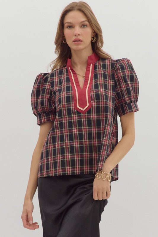 Plaid pattern cuff band short sleeve top