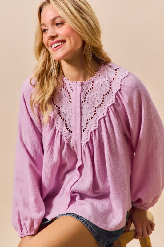 GAUZE LACE TRIM BLOUSE