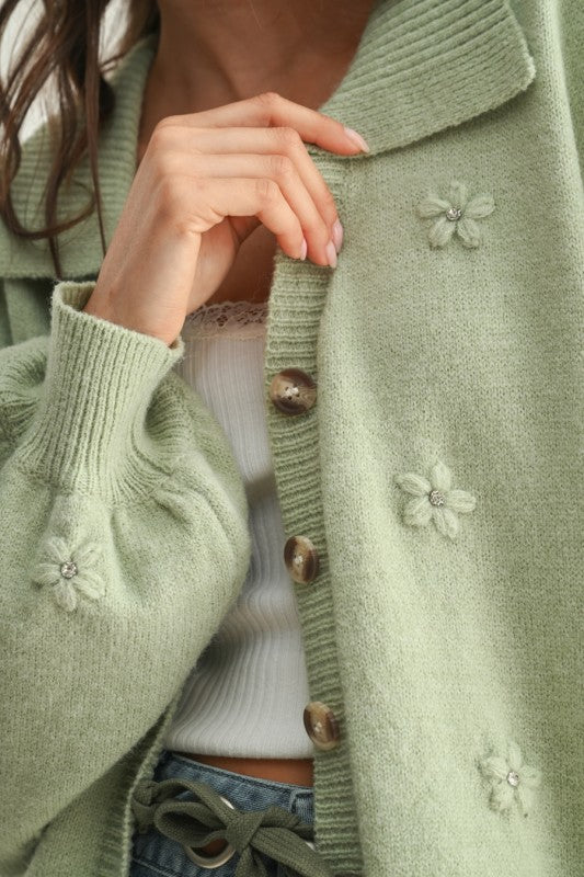 Cozy Pastel Cardigan With Floral Embellishments